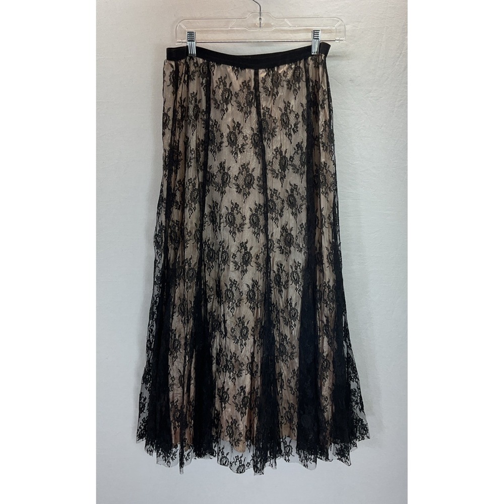 Karen Kane Black Lace Lined Beige Size L Maxi Skirt Whimsygoth Witchy Pull On‎